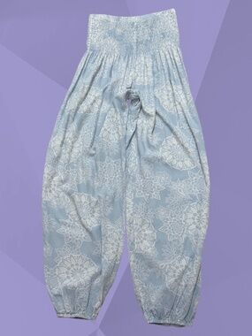 LOTUS AND LUNA Baby Blue "Harem" Pants Wide Smocked Waistband Mandala Design S/M